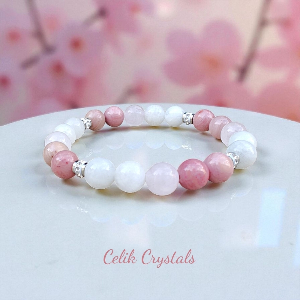 White Moonstone Rhodonite Rose Quartz Bracelet Natural Stones